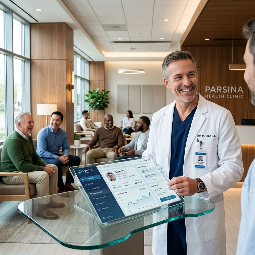 Happy doctor and male patients in clinic using Parsina